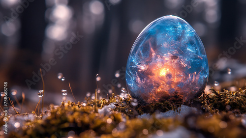 ice element egg, Holiday Easter eggs background , celebration backdrop and colorful easter eggs in beautiful nature landscape