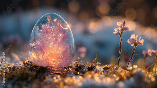 ice element egg, Holiday Easter eggs background , celebration backdrop and colorful easter eggs in beautiful nature landscape