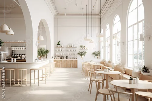 Naklejka na ścianę Interior design of cafe with wooden vintage style, decorated with warm and cozy tones, relaxing tones with classic old wood round corner counter and coffee machinery.