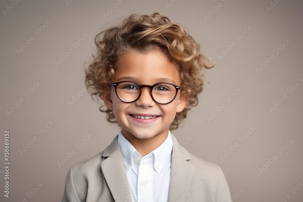 Portrait of a cute little boy in eyeglasses over grey background