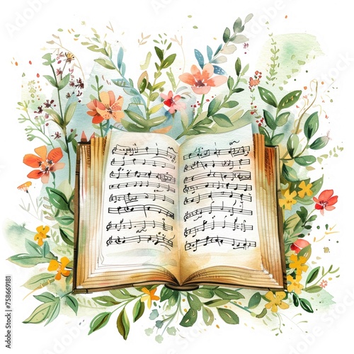 Cute watercolor illustration of a classic Christian hymn book surrounded by spring flowers photo