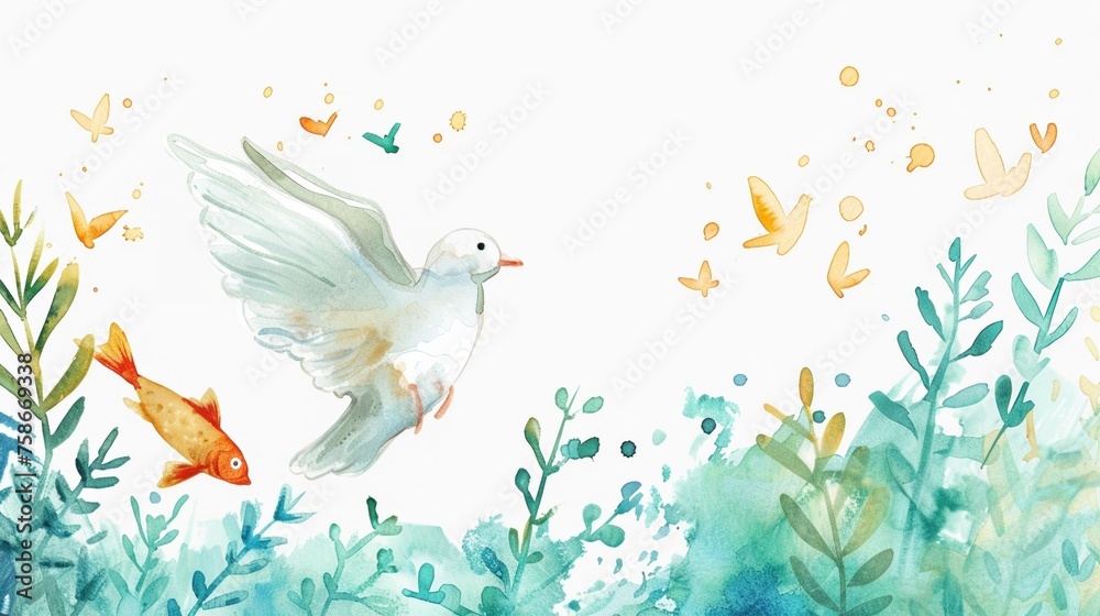 Soft watercolor depiction of Christian symbols such as the dove and the fish blended with nature