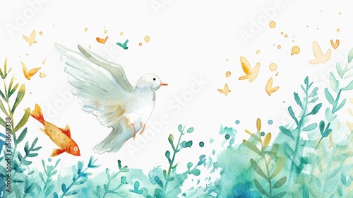 Soft watercolor depiction of Christian symbols such as the dove and the fish blended with nature