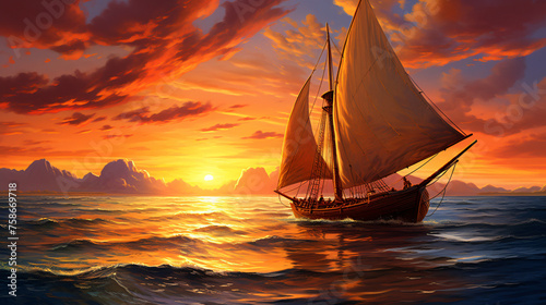 Fisherman ships sailboat with oil paintings at sunset photo