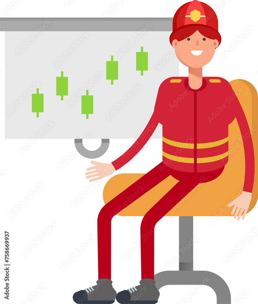 Firefighter Character Presenting Candlestick Chart
Firefighter Character Presenting Candlestick Chart