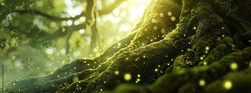Ancient tree sprawling roots forest sprites dancing magical orbs of ...