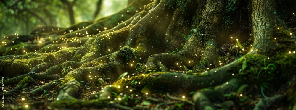 Ancient tree sprawling roots forest sprites dancing magical orbs of ...