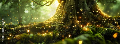 Ancient tree sprawling roots forest sprites dancing magical orbs of light close-up vibrant green