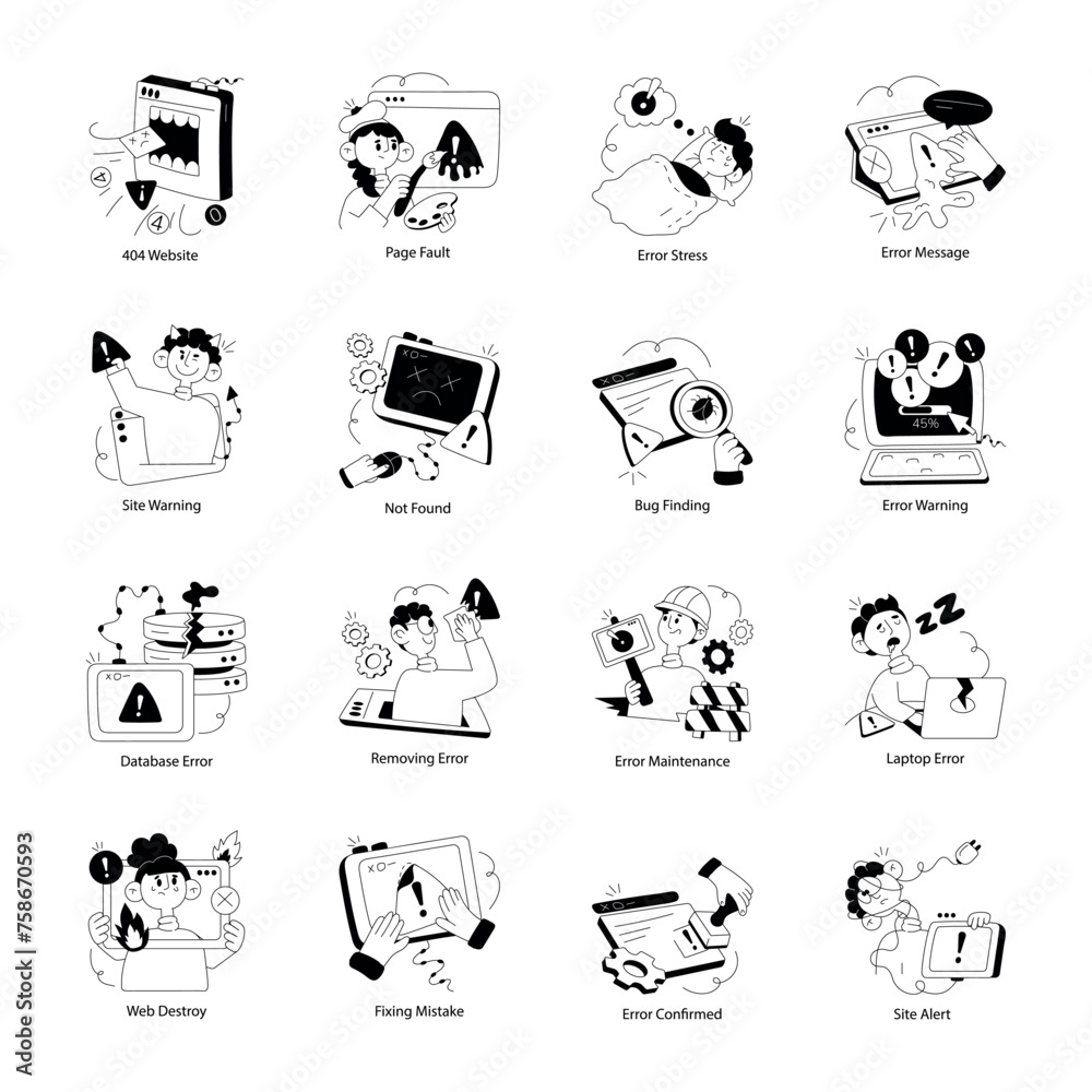 Trendy Doodle Mini Illustrations Depicting Website Issues 

 - obrazy, fototapety, plakaty 
