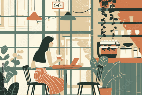Woman work Remote from Cafe Illustration