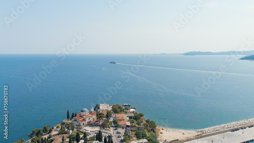 Kavala, Greece. Kavala Fortress. The ferry leaves the port. Historic city center. Aegean Sea. Summer, Aerial View