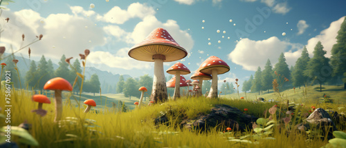 A group of mushrooms sitting on top of a lush green fi