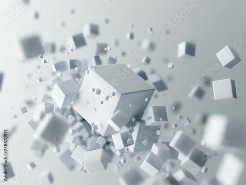 A dynamic arrangement of white cubes in a state of explosion or dispersion against a light background.