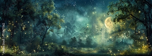 Enchanted forest clearing fairy circle midnight starlit sky soft moonlight mystical ambiance photo