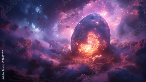 Cosmic Egg, Holiday Easter eggs background , celebration backdrop and colorful easter eggs in beautiful nature landscape