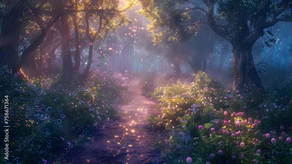 Enchanted forest path at dawn misty overgrown with magical flora sparkling dew warm light