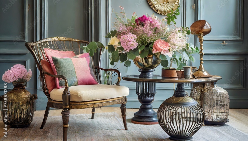 an eclectic home decor arrangement blending vintage pieces with modern elements, showcasing a mix of textures and colors for a unique aesthetic.