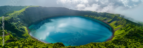 A green lake in the jungle, Overhead image of the crater lake of Indonesia's Kelimutu volcano

 photo