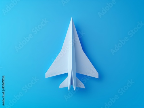 A white paper airplane centered on a solid blue background symbolizing simplicity and creativity.