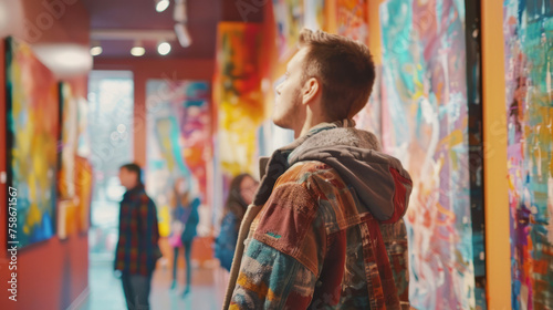 A young person wearing a backpack is engaging with vibrant artworks in a colorful art gallery