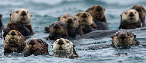 A group of sea otters swimming in the ocean together. photo
