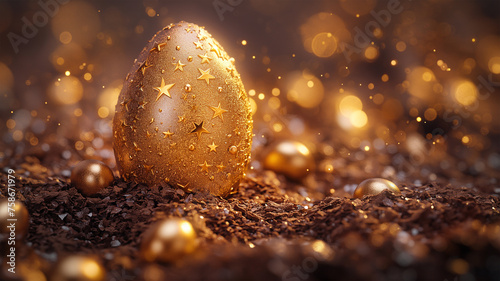 golden eggs, Holiday Easter eggs background , celebration backdrop and colorful easter eggs in beautiful nature landscape