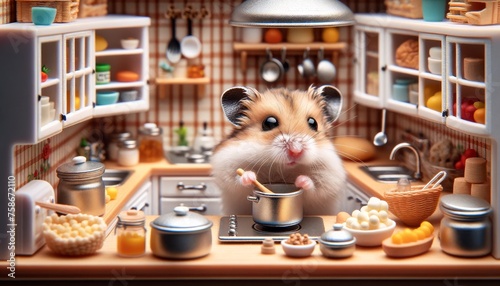 a hamster "cooking" in a tiny, intricately detailed kitchen, complete with miniature appliances