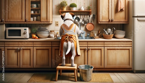 a humorous scene of a dog from the back, wearing an apron and standing on a stool, diligently washing dishes in a sink photo