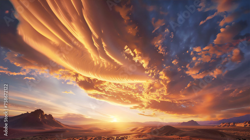 sunset over the desert with dramatic Lenticular clouds