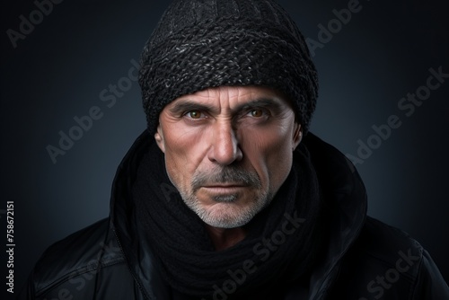 Portrait of an old man in a winter hat and jacket.