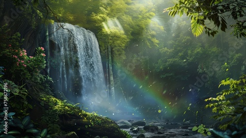 Hidden waterfall in an enchanted forest rainbow through mist lush greenery high contrast vivid