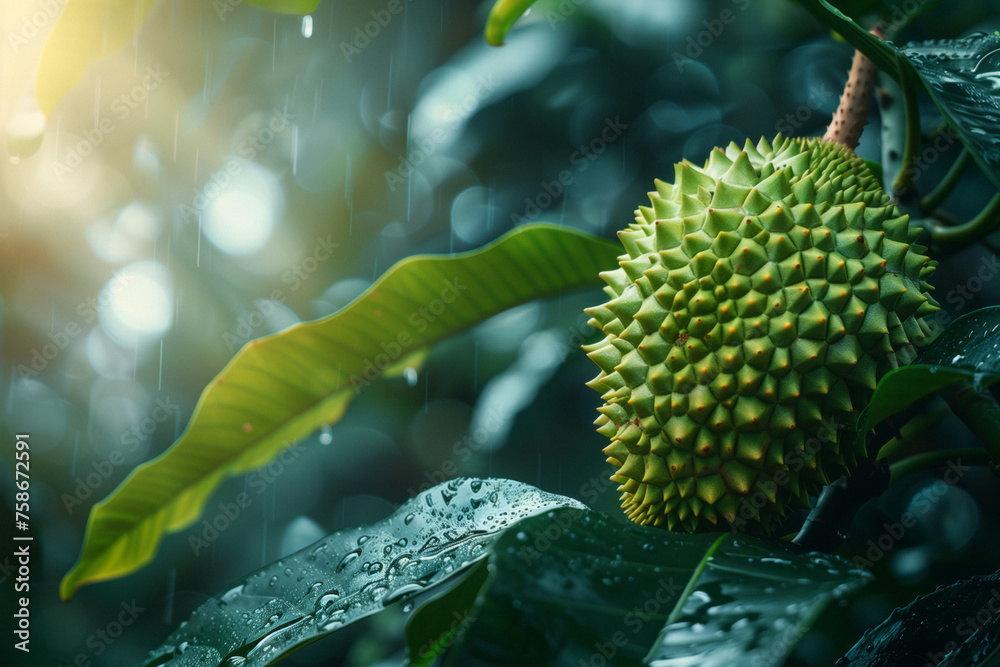 Sunlit Durian Orchard. Durian fruits basking in the golden sunlight among lush trees