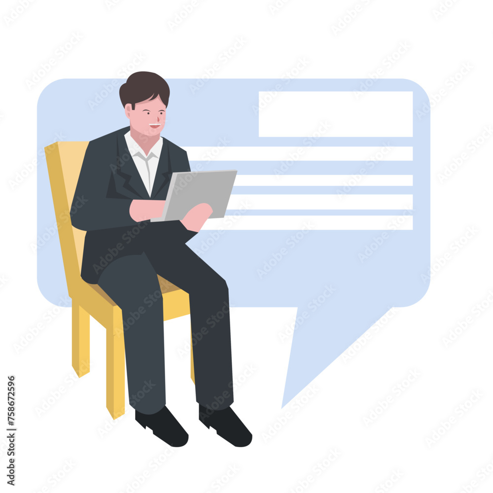 Businessman is reading messages on laptop. Work at office. In accordance with the business theme. Suit, office success. Flat vector illustration.