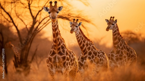 Close up of giraffe group with golden savanna background
