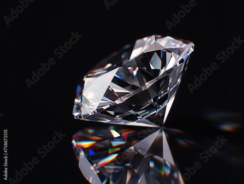 A close-up of a single diamond showcasing its intricate facets and reflective brilliance against a dark background.