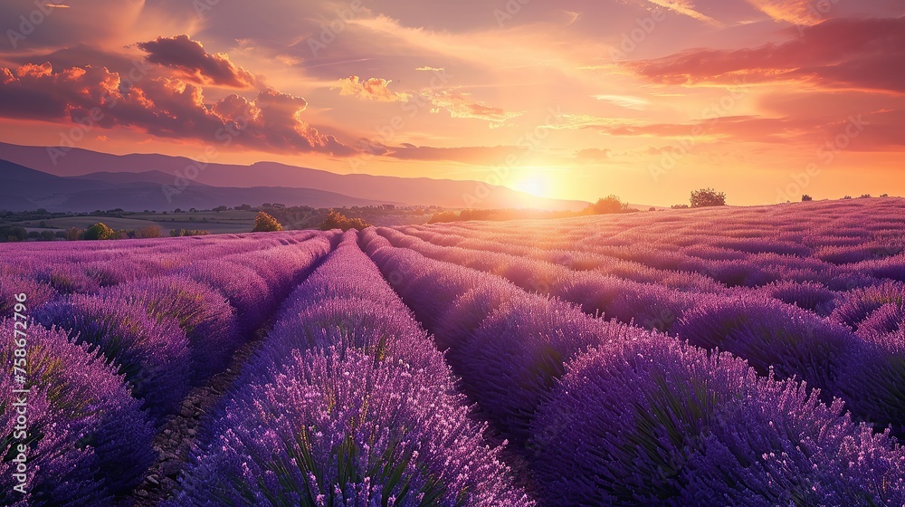 Stunning landscape with lavender field at sunset. copy space for text. - obrazy, fototapety, plakaty 