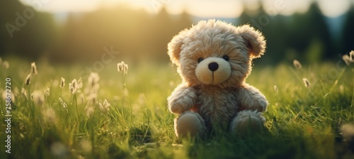 plush bear sitting on green grass, illuminated by the rays of the sun, copy space for text