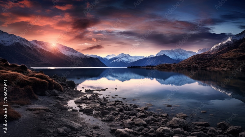 A beautiful sunset over a lake and mountains