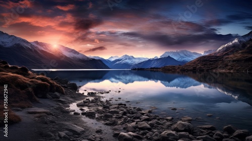 A beautiful sunset over a lake and mountains © stocksbyrs