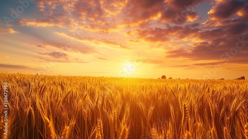Summer landscape image of wheat field at sunset with beautiful. copy space for text.