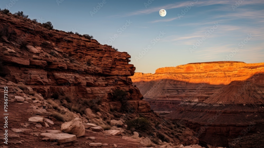 Canyon and moonrise background with sky and stars