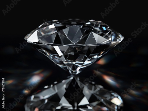 Close-up shot of a brilliant-cut diamond reflecting light with dark background.
