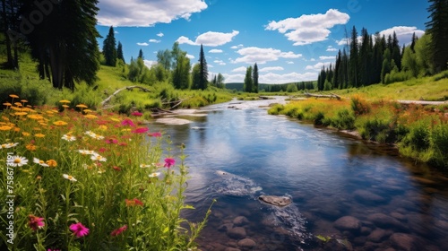 The picturesque river and the vibrant wildflowers how they create a magical atmosphere