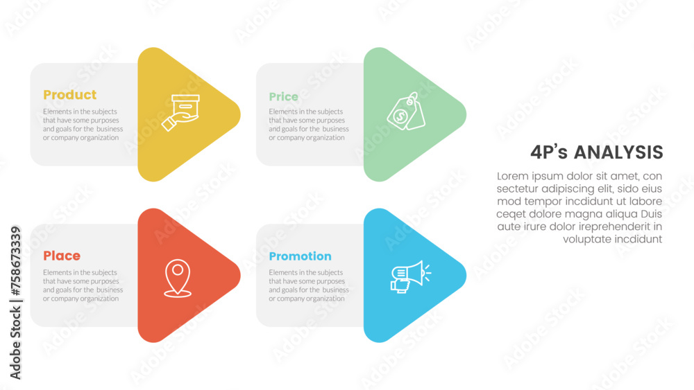 marketing mix 4ps strategy infographic with arrow shape combination on left layout with 4 points for slide presentation marketing mix 4ps strategy infographic with arrow shape combination on left layout with 4 points for slide presentation