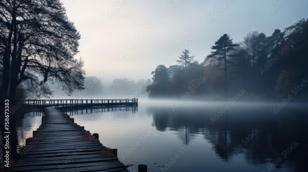 A misty morning on a tranquil lake a relaxing and peaceful scene