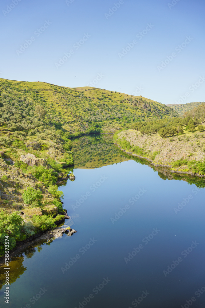 Vertical view of River Tajo in Extremadura, Spain full of water