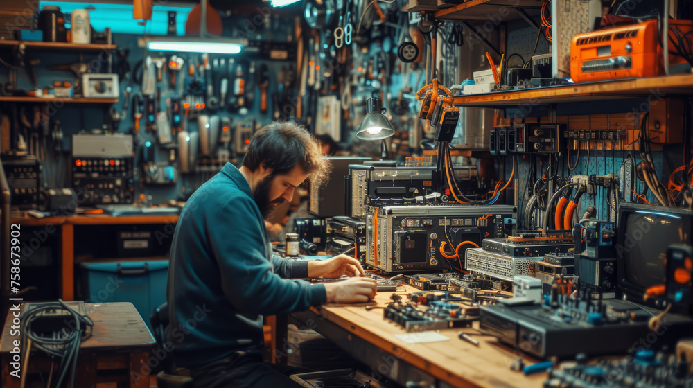 Focused man engaging in hands-on electronics repair at a workshop table surrounded by tools