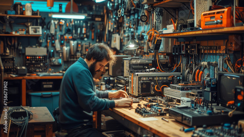 Focused man engaging in hands-on electronics repair at a workshop table surrounded by tools
