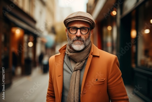 Portrait of a bearded senior man wearing a coat and scarf on the street. © Igor