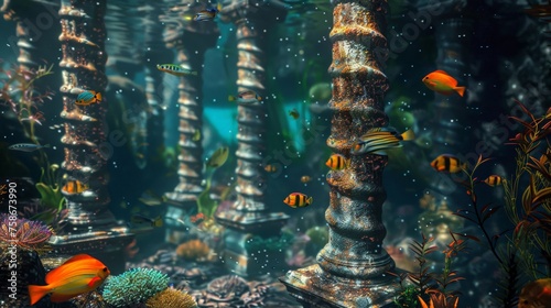 Sunken Atlantis marble columns colorful fish algae high-angle mystical ambiance